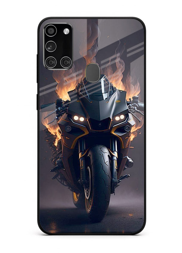 Flaming superbike design printed on premium tempered glass Samsung A21s back cover