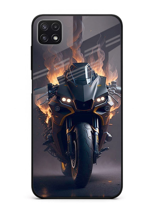 Flaming superbike design printed on premium tempered glass Samsung A22 5G back cover