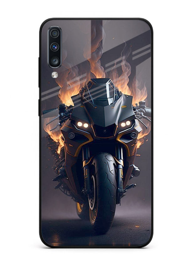Flaming superbike design printed on premium tempered glass Samsung A50 back cover