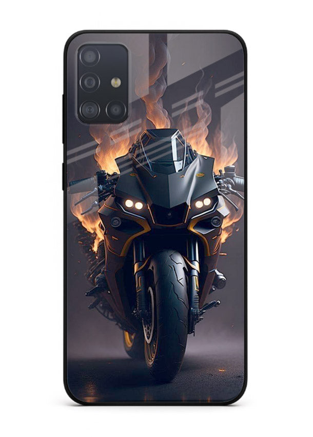 Flaming superbike design printed on premium tempered glass Samsung A51 back cover