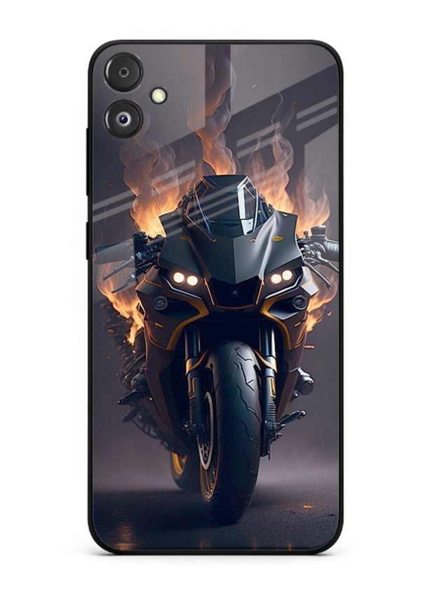 Flaming superbike design printed on premium tempered glass Samsung F14 5G back cover