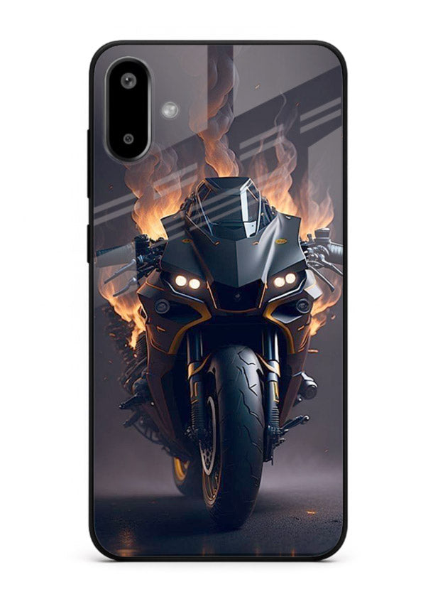 Flaming superbike design printed on premium tempered glass Samsung F06 5G back cover