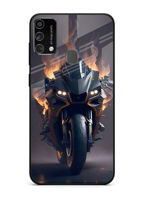 Flaming superbike design printed on premium tempered glass Samsung F41 back cover