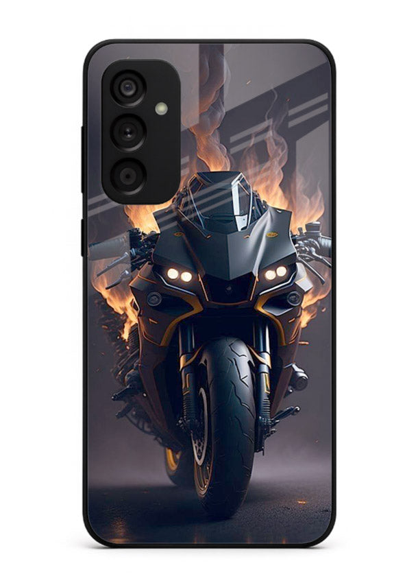 Flaming superbike design printed on premium tempered glass Samsung F34 5G back cover