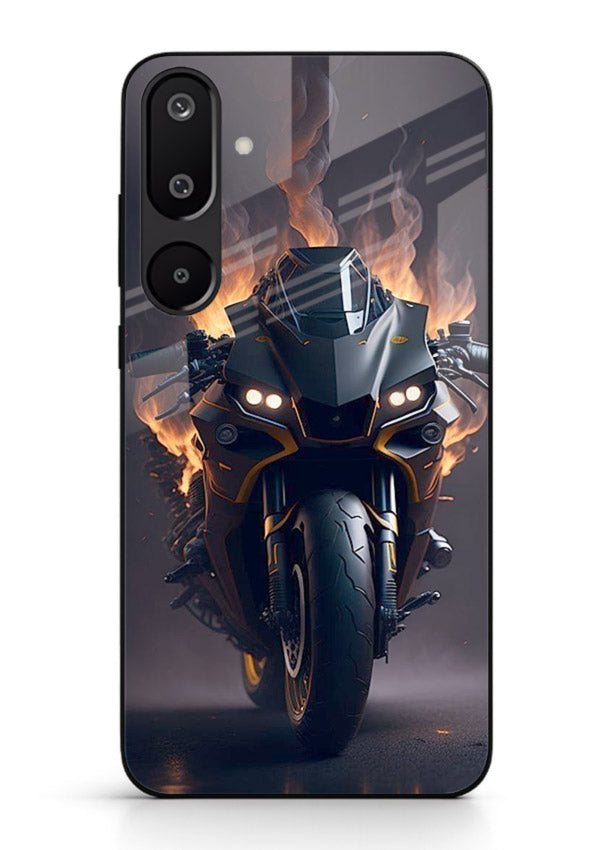Flaming superbike design printed on premium tempered glass Samsung F16 5G back cover