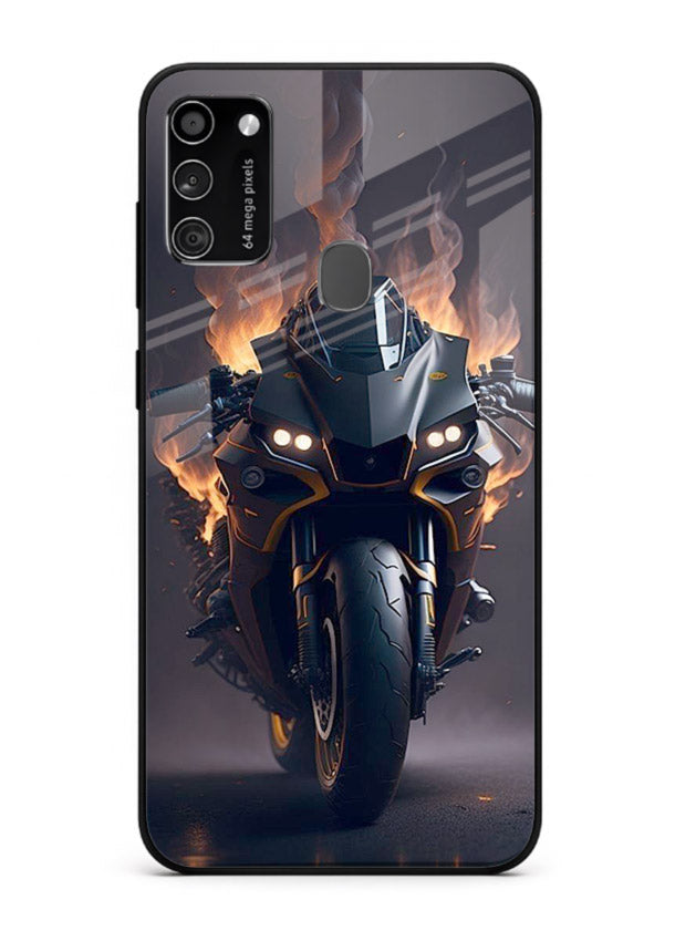 Flaming superbike design printed on premium tempered glass Samsung M21 back cover