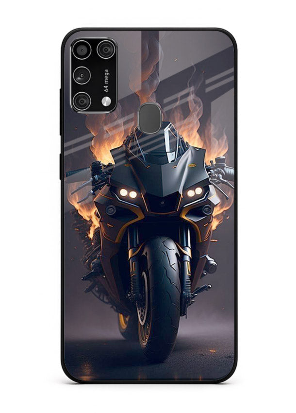 Flaming superbike design printed on premium tempered glass Samsung M31 Prime back cover
