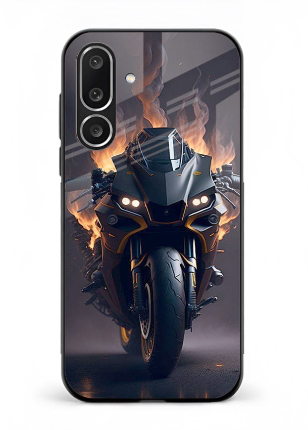 Flaming superbike design printed on premium tempered glass Samsung F56 5G back cover