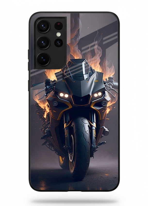 Flaming superbike design printed on premium tempered glass Samsung S21 Ultra back cover