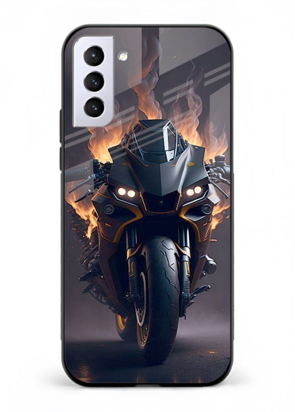 Flaming superbike design printed on premium tempered glass Samsung S22 Plus back cover