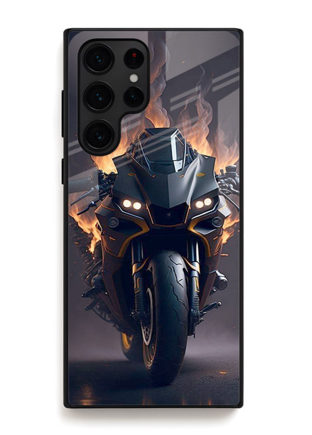 Flaming superbike design printed on premium tempered glass Samsung S24 Ultra back cover