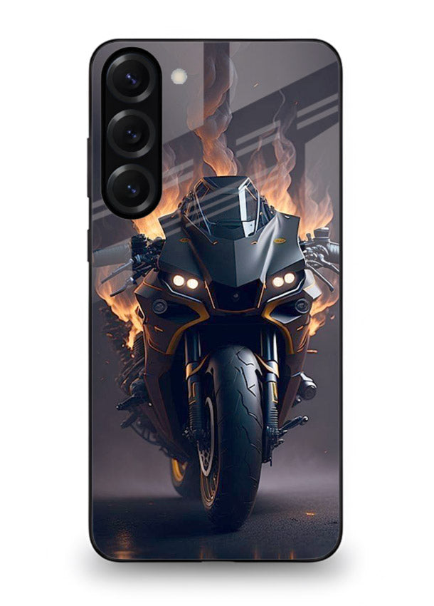 Flaming superbike design printed on premium tempered glass Samsung S23 back cover