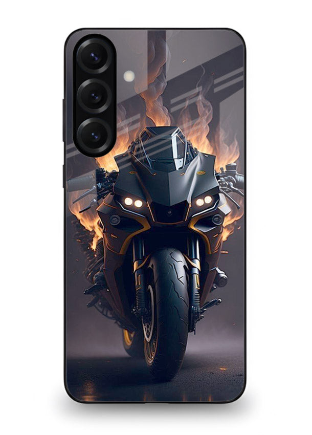 Flaming superbike design printed on premium tempered glass Samsung A35 5G back cover