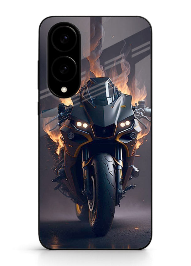 Flaming superbike design printed on premium tempered glass Samsung S25 Edge back cover