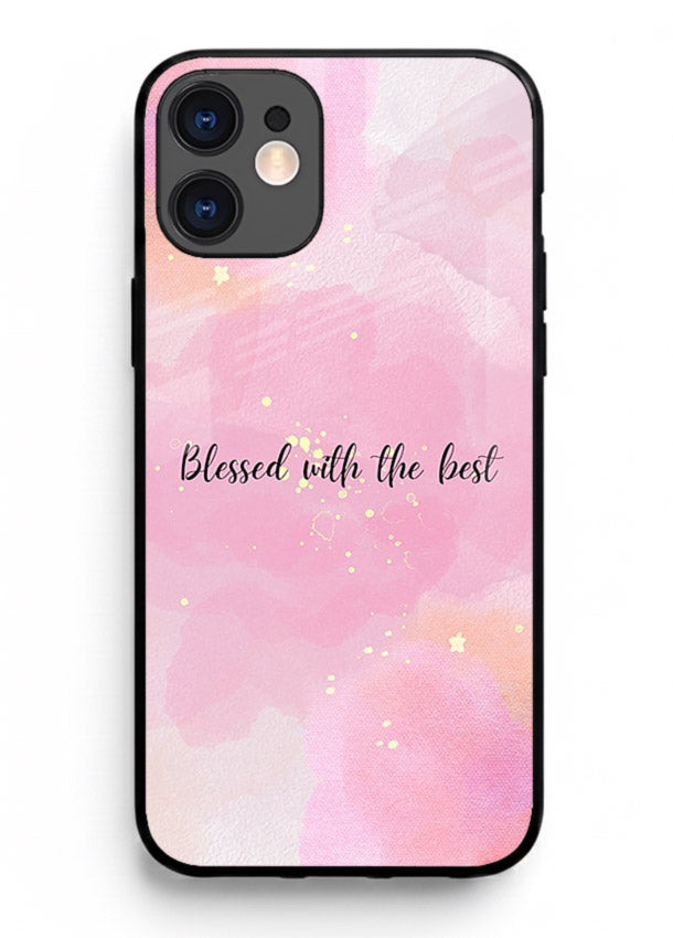 Pink watercolor gratitude design featured on iphone 12 glass back cover with soft glow.