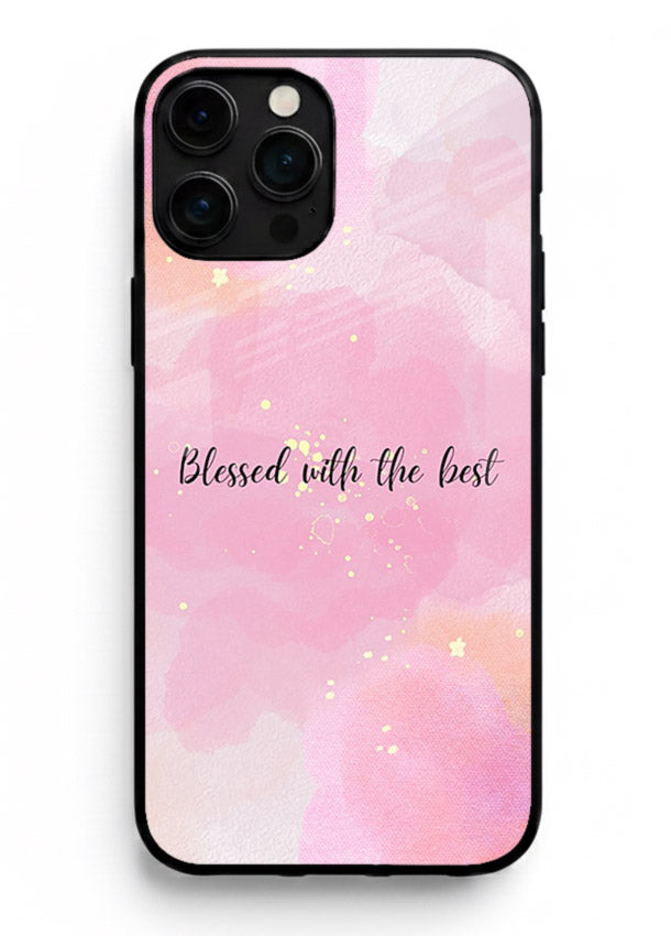 Pink watercolor gratitude design featured on iphone 15 pro max glass back cover with soft glow.