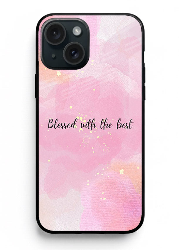 Pink watercolor gratitude design featured on iphone 13 mini glass back cover with soft glow.