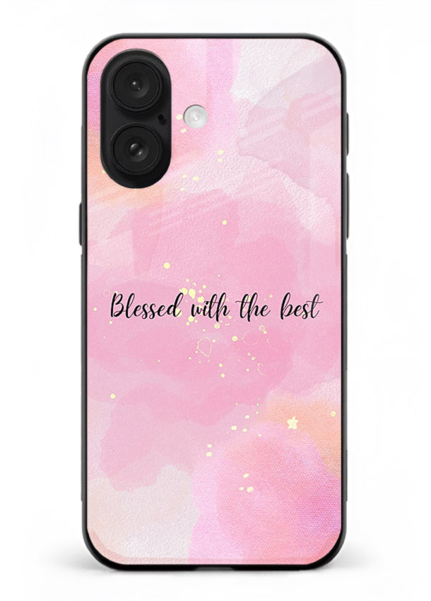 Pink watercolor gratitude design featured on iphone 18 glass back cover with soft glow.