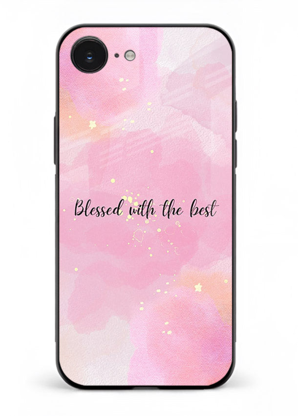 Pink watercolor gratitude design featured on iphone 16e glass back cover with soft glow.