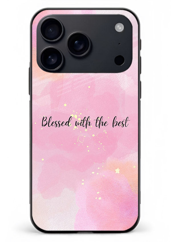Pink watercolor gratitude design featured on iphone 17 pro max glass back cover with soft glow.