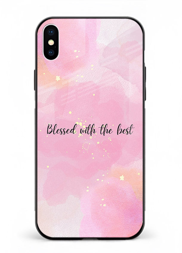 Pink watercolor gratitude design featured on iphone xs max glass back cover with soft glow.