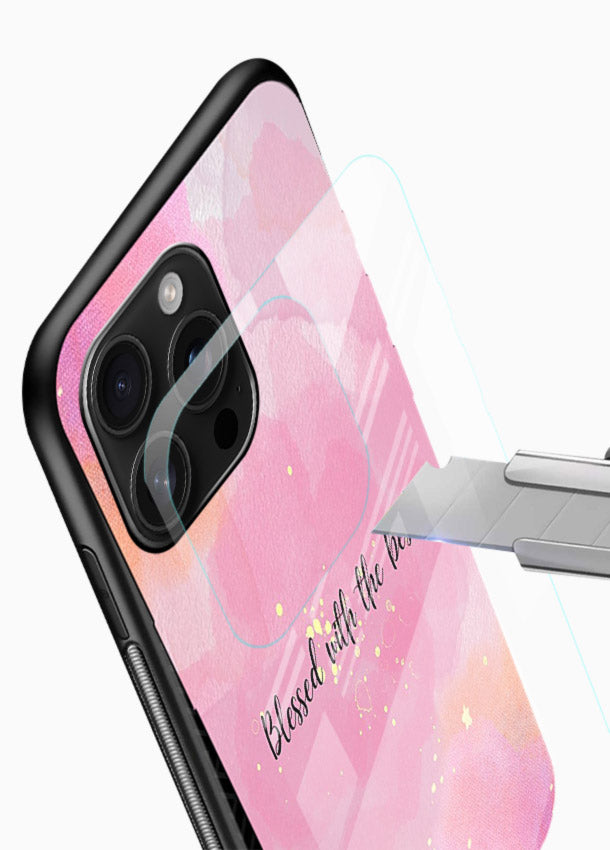 Pink watercolor gratitude design featured on glossy vibrant premium glass back cover with soft glow. - Angle Blade