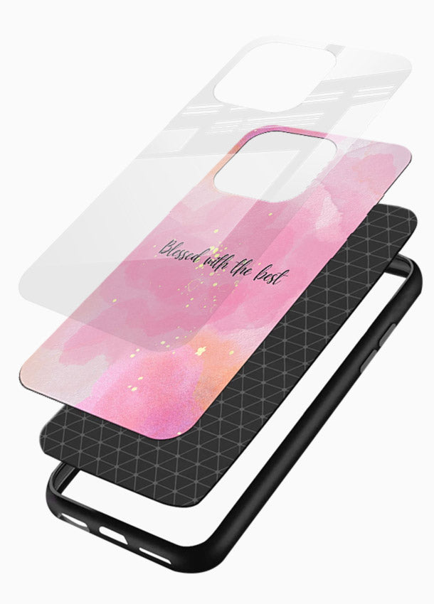 Pink watercolor gratitude design featured on glossy vibrant premium glass back cover with soft glow. - Angle Layers