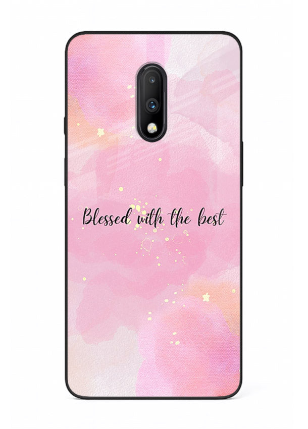 Pink watercolor gratitude design featured on OnePlus 7 glass back cover with soft glow.