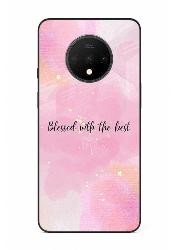 Pink watercolor gratitude design featured on OnePlus 7T glass back cover with soft glow.