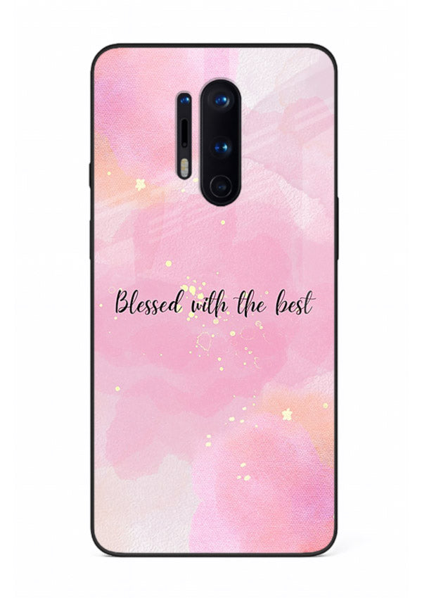 Pink watercolor gratitude design featured on OnePlus 8 Pro glass back cover with soft glow.