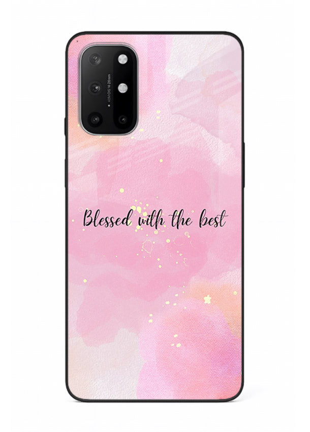 Pink watercolor gratitude design featured on OnePlus 8T glass back cover with soft glow.