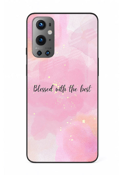 Pink watercolor gratitude design featured on OnePlus 9 glass back cover with soft glow.