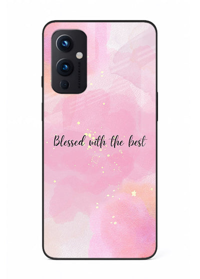 Pink watercolor gratitude design featured on OnePlus 9 Pro glass back cover with soft glow.