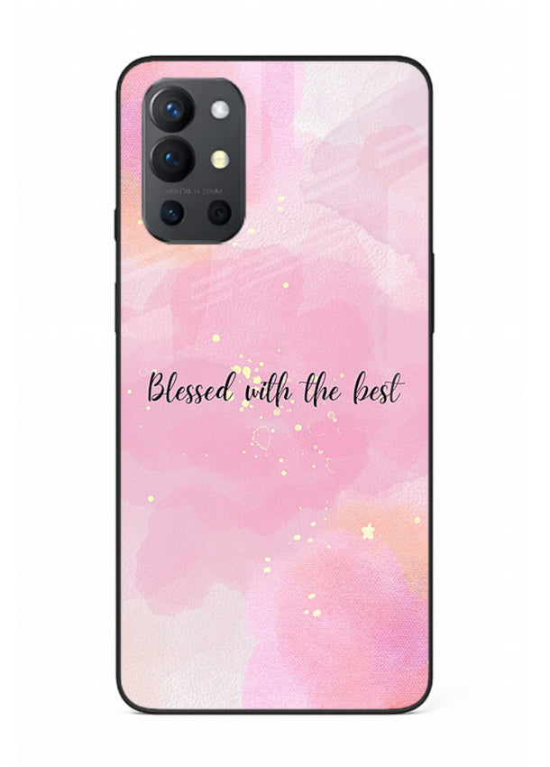 Pink watercolor gratitude design featured on OnePlus 9R glass back cover with soft glow.