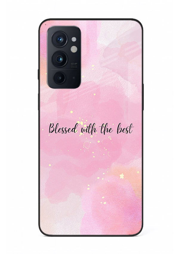 Pink watercolor gratitude design featured on OnePlus 9RT glass back cover with soft glow.