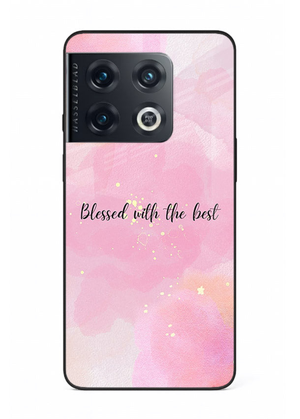 Pink watercolor gratitude design featured on OnePlus 10 Pro glass back cover with soft glow.