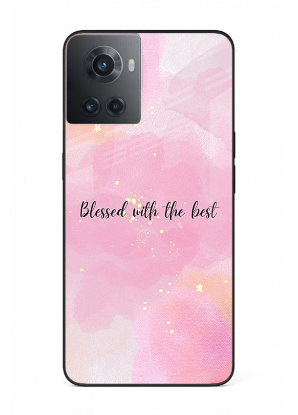 Pink watercolor gratitude design featured on OnePlus 10R glass back cover with soft glow.