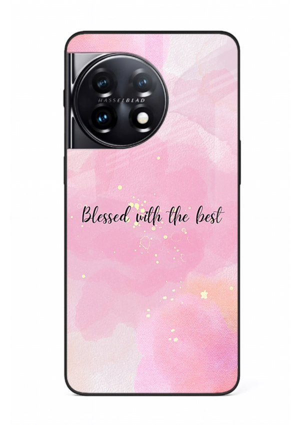 Pink watercolor gratitude design featured on OnePlus 11R glass back cover with soft glow.