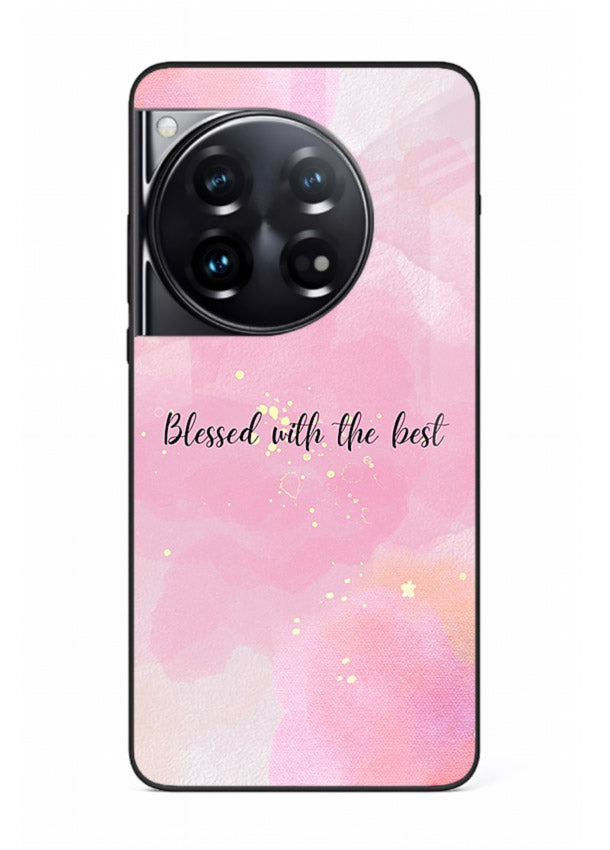 Pink watercolor gratitude design featured on OnePlus 12 glass back cover with soft glow.