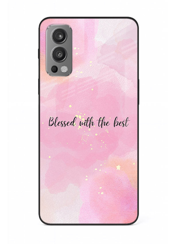 Pink watercolor gratitude design featured on OnePlus Nord 2 glass back cover with soft glow.