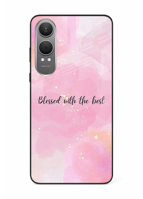 Pink watercolor gratitude design featured on OnePlus Nord CE4 Lite glass back cover with soft glow.