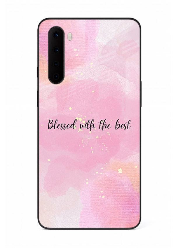 Pink watercolor gratitude design featured on OnePlus Nord glass back cover with soft glow.