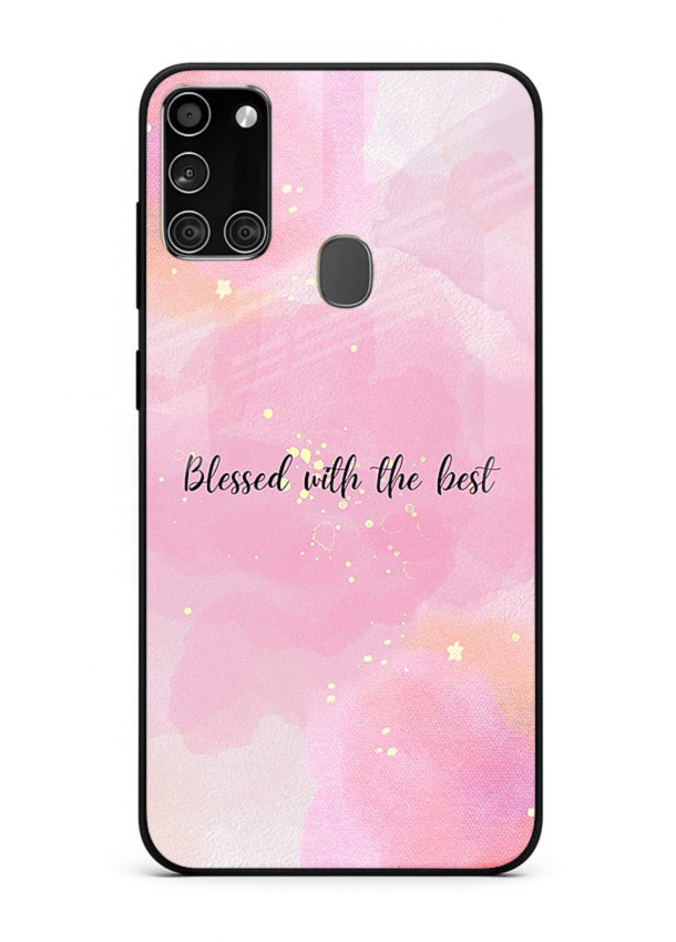 Pink watercolor gratitude design featured on Samsung A21s glass back cover with soft glow.