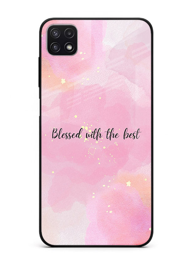 Pink watercolor gratitude design featured on Samsung F42 5G glass back cover with soft glow.