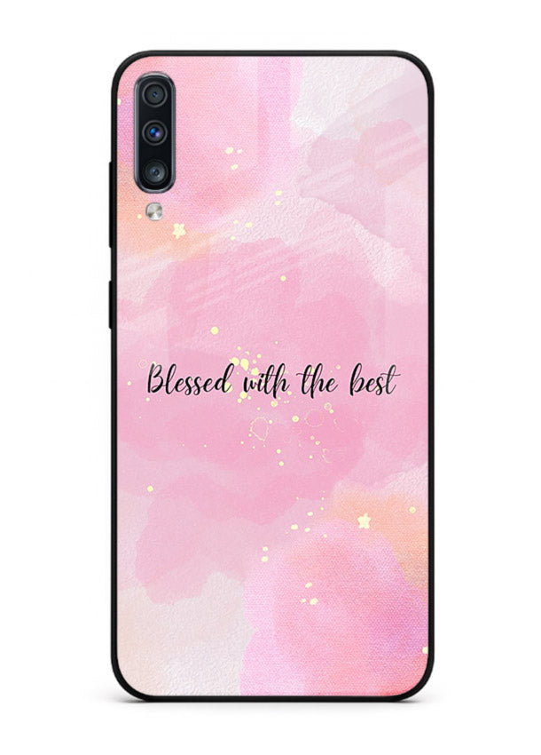 Pink watercolor gratitude design featured on Samsung A50 glass back cover with soft glow.