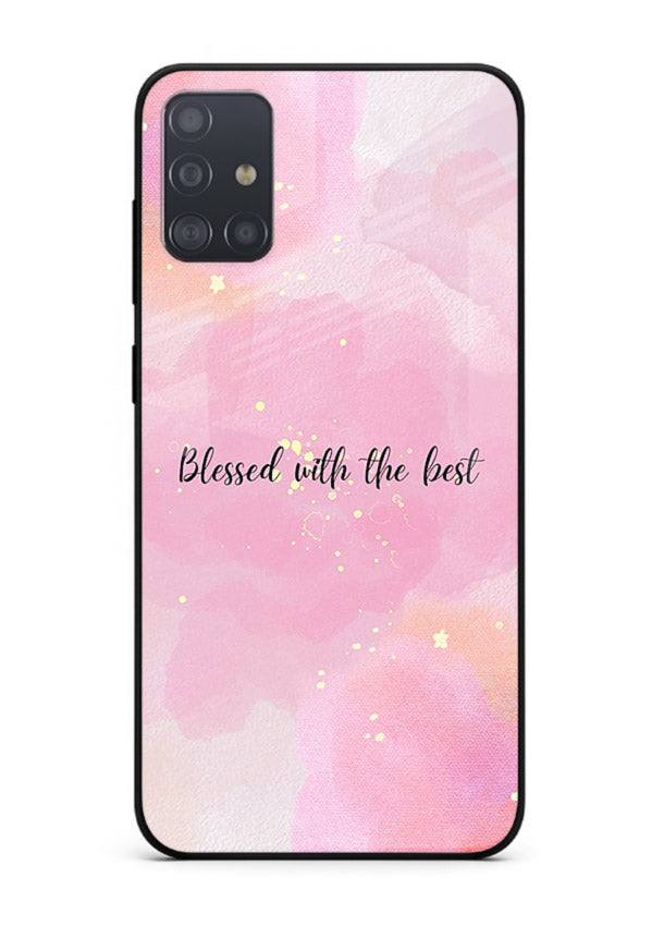 Pink watercolor gratitude design featured on Samsung A51 glass back cover with soft glow.