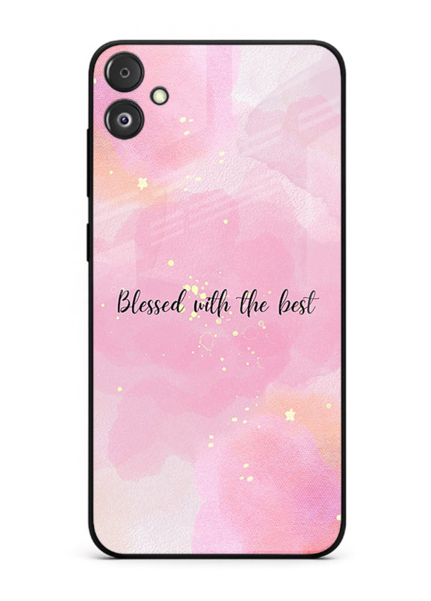 Pink watercolor gratitude design featured on Samsung F14 5G glass back cover with soft glow.