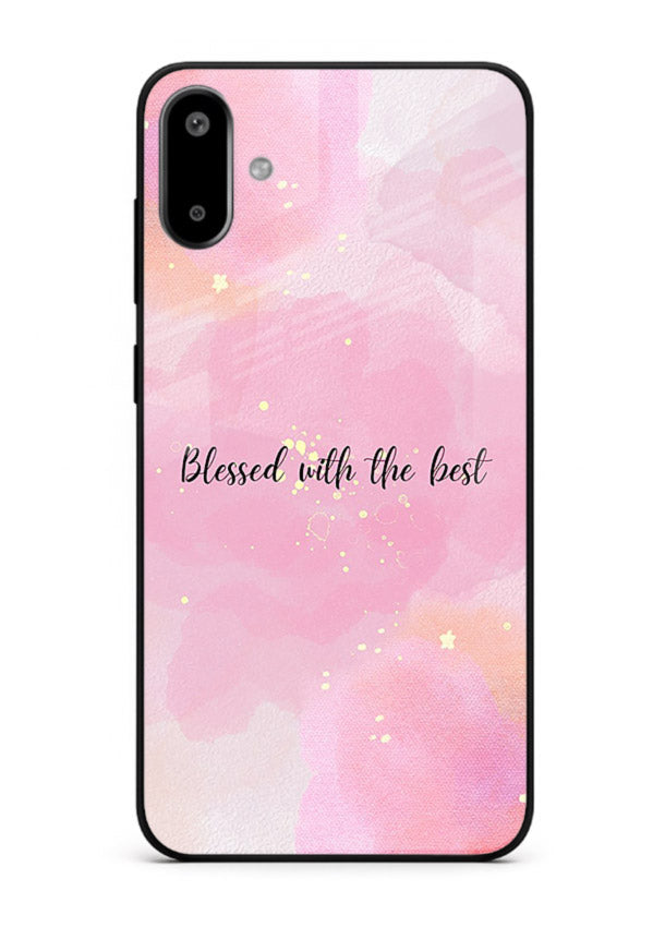 Pink watercolor gratitude design featured on Samsung F06 5G glass back cover with soft glow.