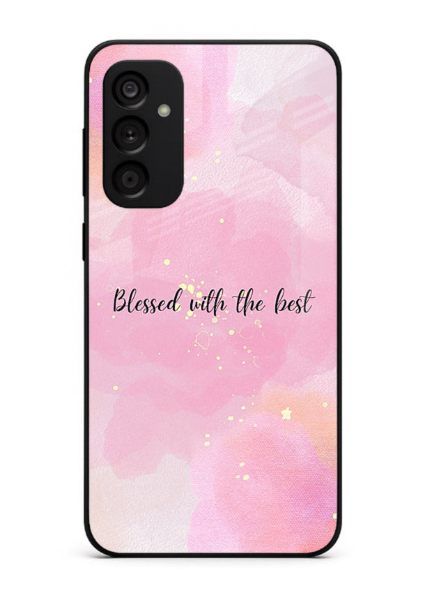 Pink watercolor gratitude design featured on Samsung F15 5G glass back cover with soft glow.