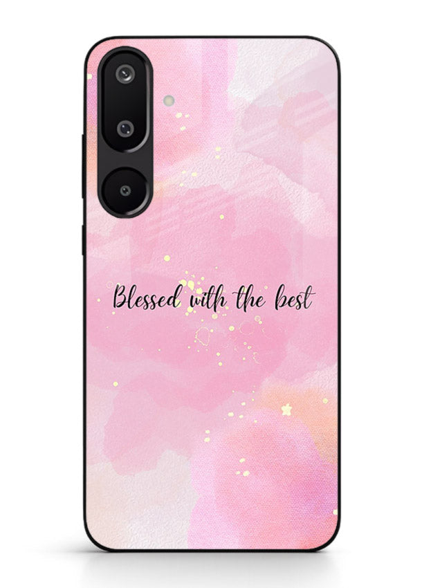 Pink watercolor gratitude design featured on Samsung F16 5G glass back cover with soft glow.